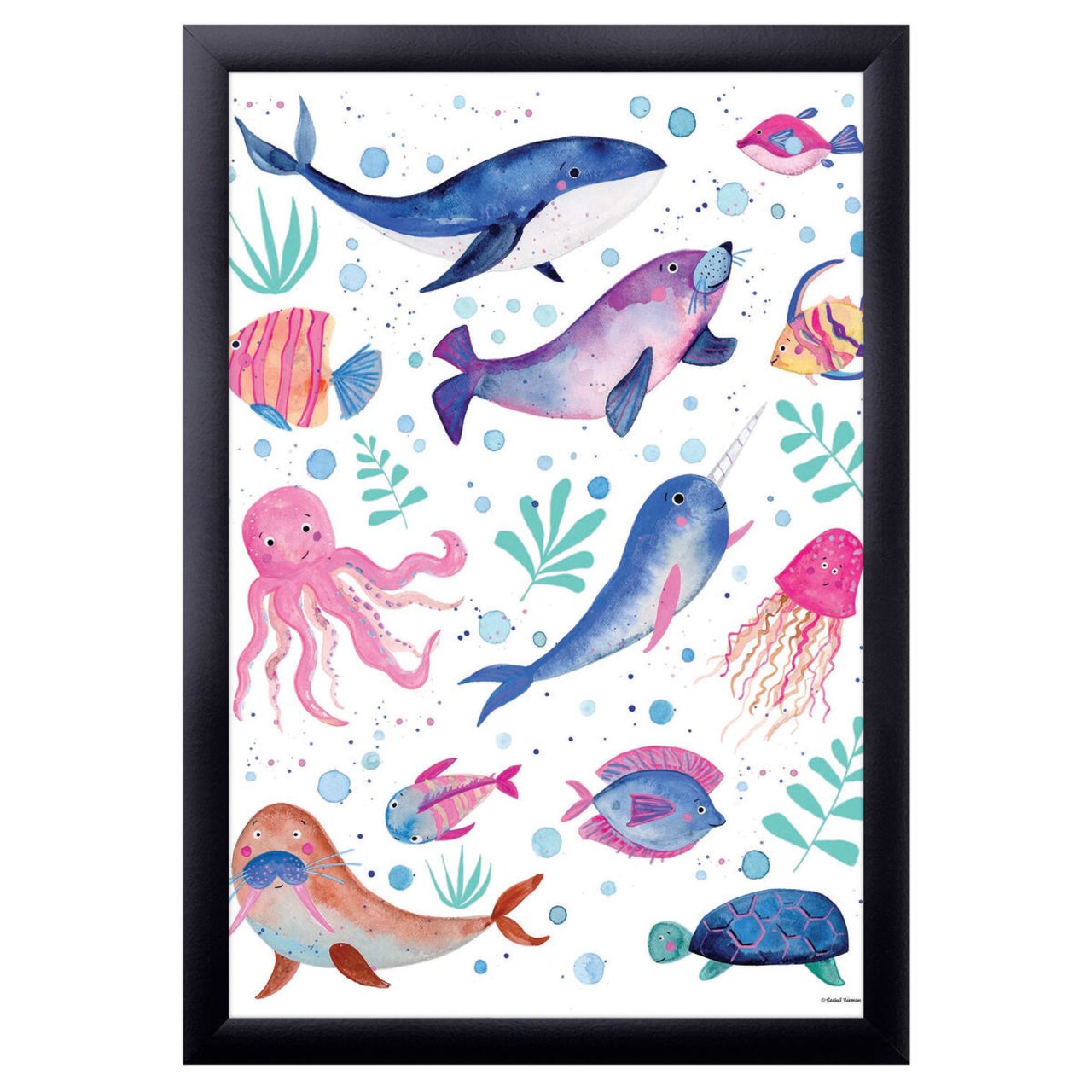 12" x 16" Cute and Quirky Nautical Animals Framed Wall Art, Contemporary Home Décor for Baby or Child's Room, Glass Facing and Hanging Hardware